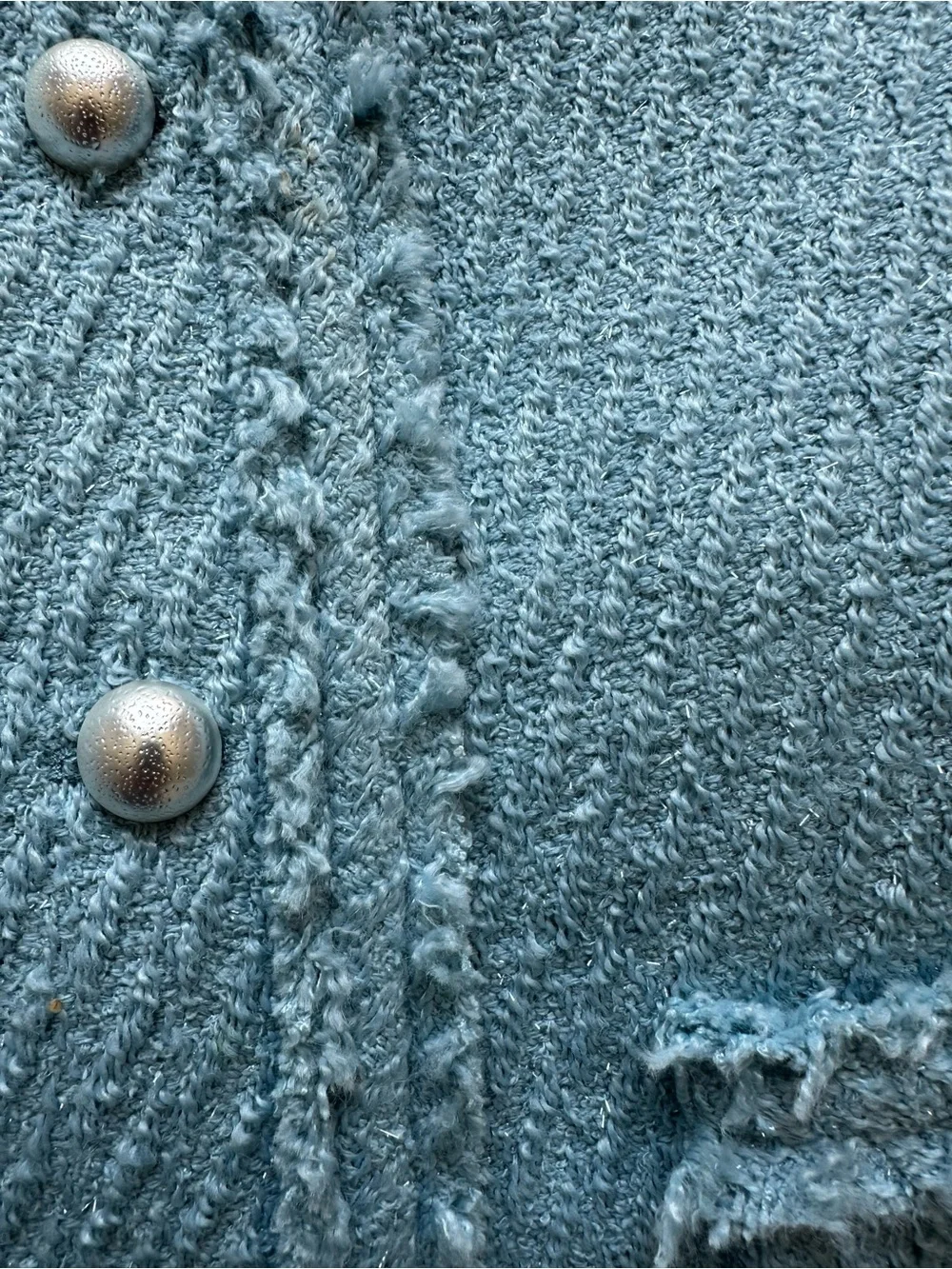 Pearl-Button Textured Cropped Blazer in Light Blue